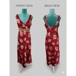 Vtg 90s Burgundy Floral Satin Slip Dress Lace Empire Waist Rose Whimsigoth Midi